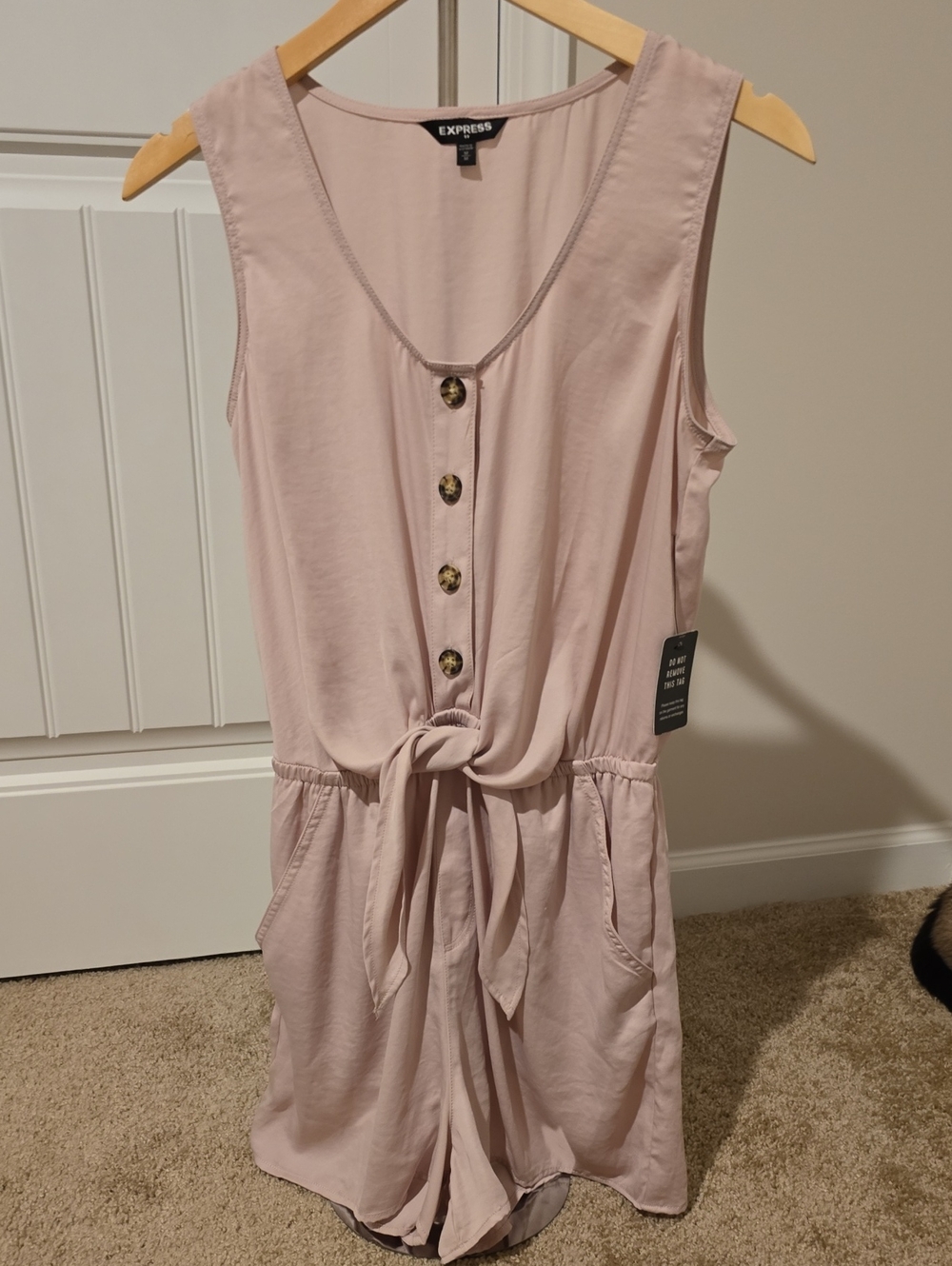 Express Sleeveless Tie-Front Romper in Light Pink
